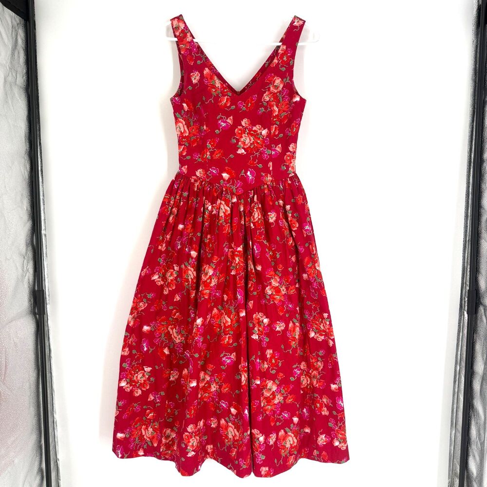 Vintage Laura Ashley Dress Red Floral Great Britain Cottagecore Prairie Midi 8